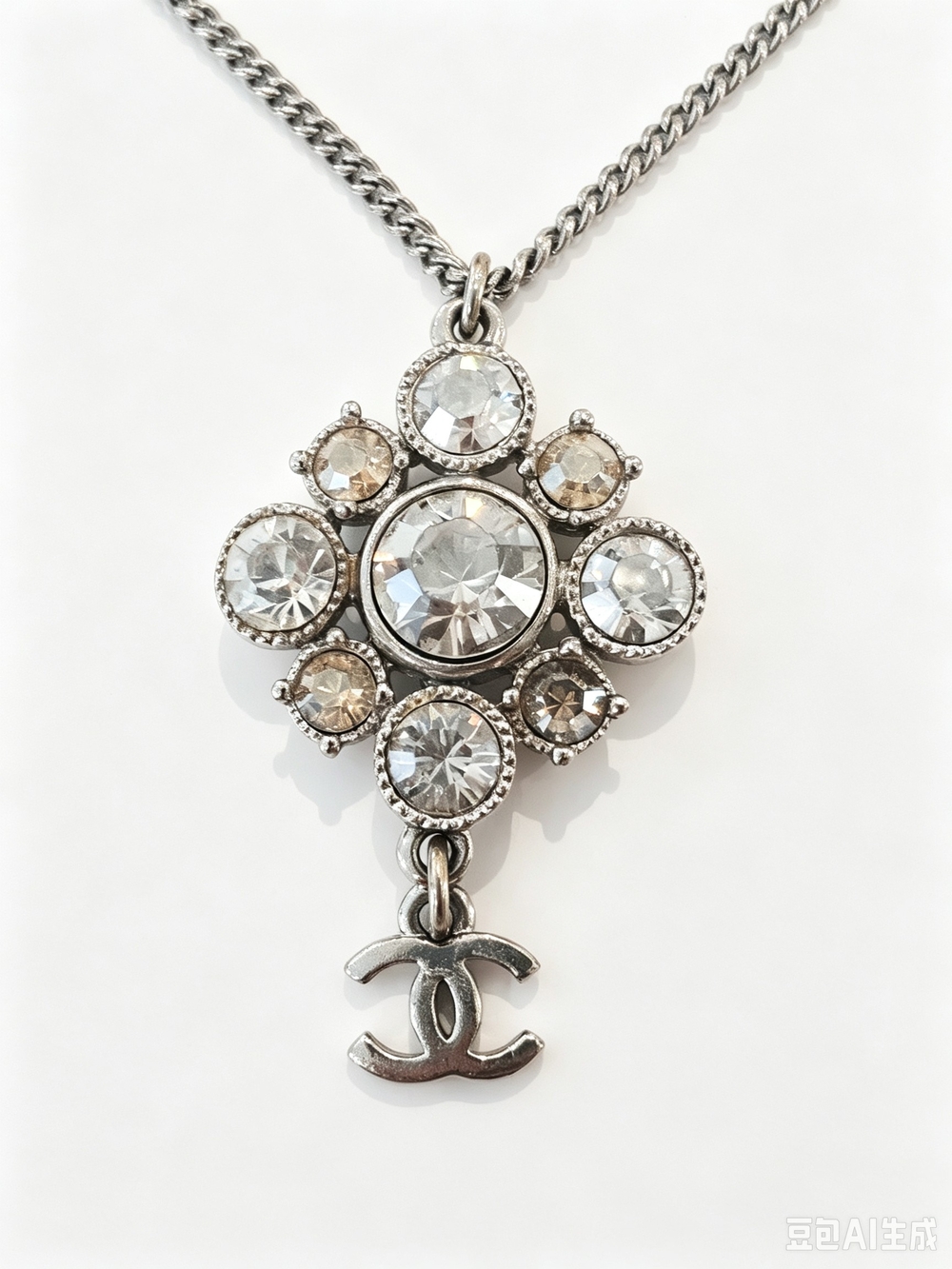 Chanel Silver Crystal Pendant Necklace - Silver